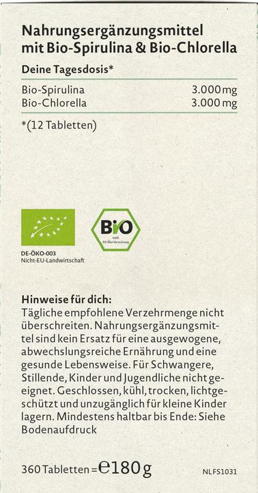 Nährwerte und Zutaten Nature Love Bio Spirulina & Chlorella (360 Stück, 180 g)