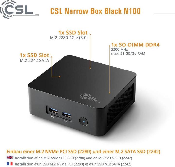 Actual product image CSL Mini-PC Narrow Box Black / 16GB / 500 GB M.2 SSD / Win 11 Pro (500 GB, 16 GB, Intel N150, Intel UHD Graphics)