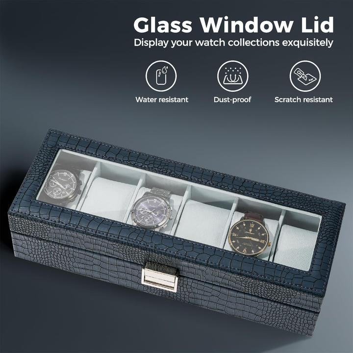 Image du produit Only-Bags.Store Uhrenbox mit 6 Fächern, Uhrenbox mit Glasdeckel, Uhrenkoffer mit Uhrenkissen, Uhrenaufbewahrung