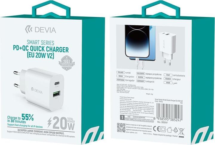 Produktbild Devia Wandladegerät Smart PD 1x USB-C 1x USB 20W weiss (20 W, 2 Ports)
