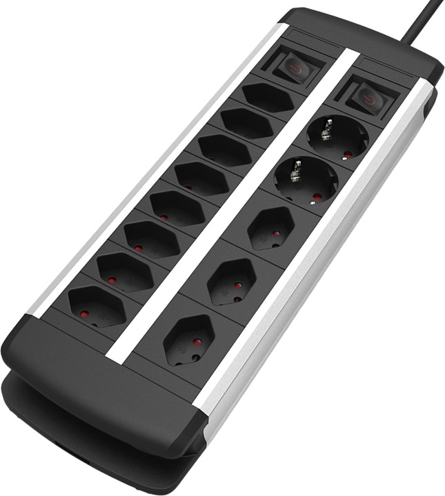Actual product image Schönenberger Socket strip ALU 11x T13, 2x Schuko, 2x switch (13 x, Type 13, 3 m)