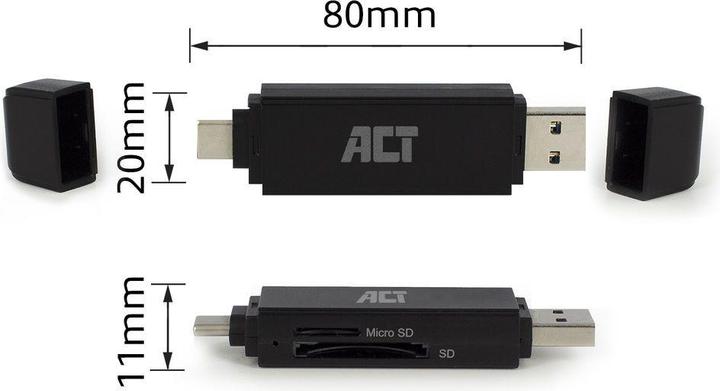 Actual product image USB 3.2 card reader, SD/micro SD, USB-C or USB-A, black (USB-C 3.2 Gen 1)