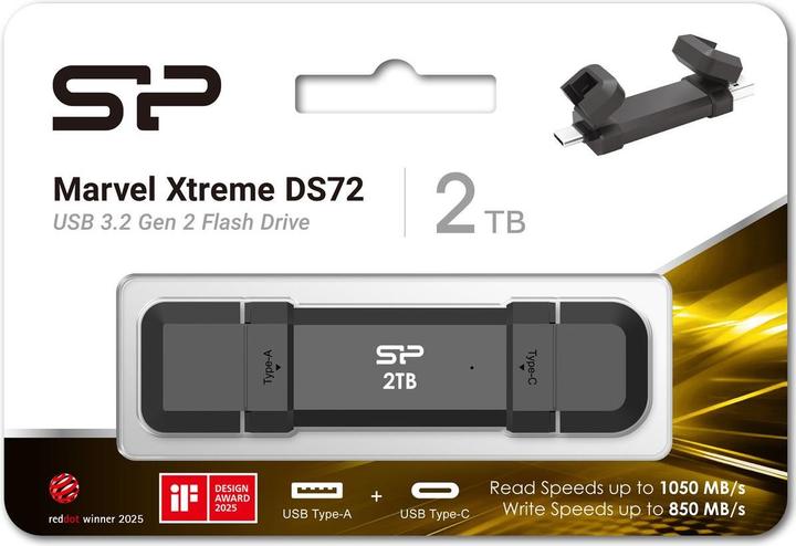 Productafbeelding Silicon Power Flash drive DS72 Dual USB-C/USB 3.2 Gen 2 Portable External SSD, 2TB, Black | (2 TB)