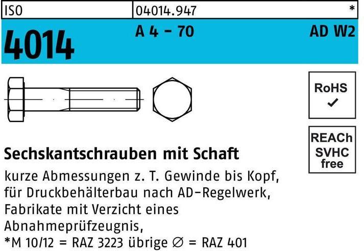Produktbild Sechskantschraube ISO 4014 m.Schaft M 12 x 70 A 4 - 70 AD-W2 (50 Schrauben pro Stück)