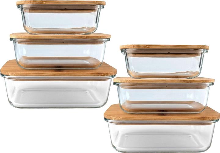 Actual product image Ideoon 6er-Set Hochwertige Vorratsdosen mit Deckel, rechteckig, Glas/Bambus, 3 Grössen (0.37 l)