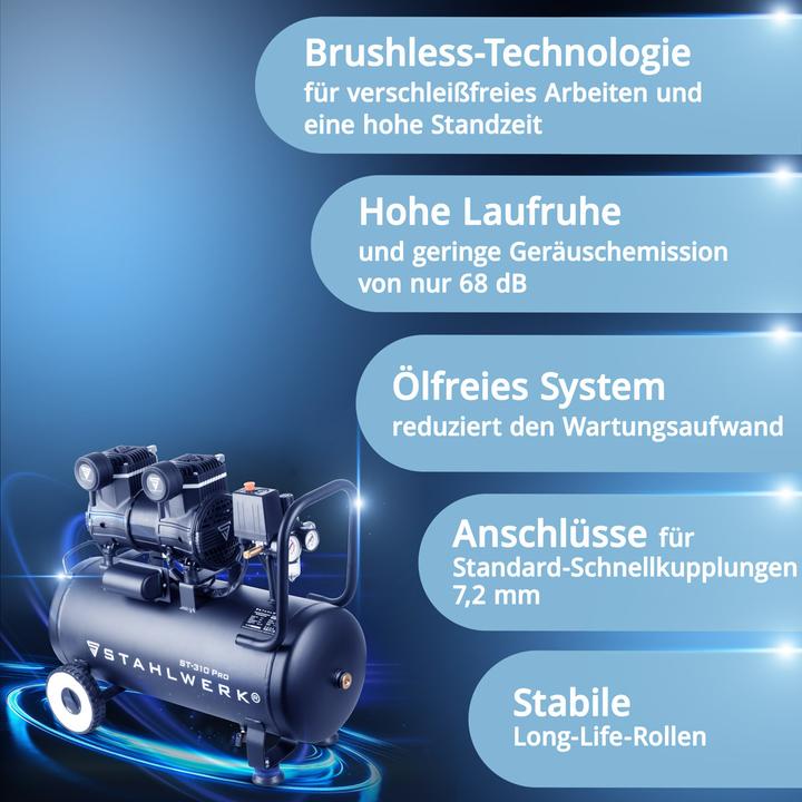 Produktbild Stahlwerk Kompressor ST-310 Pro Vollausstattung – ölfreier Flüster-Kompressor (30 l, 8 Bar)