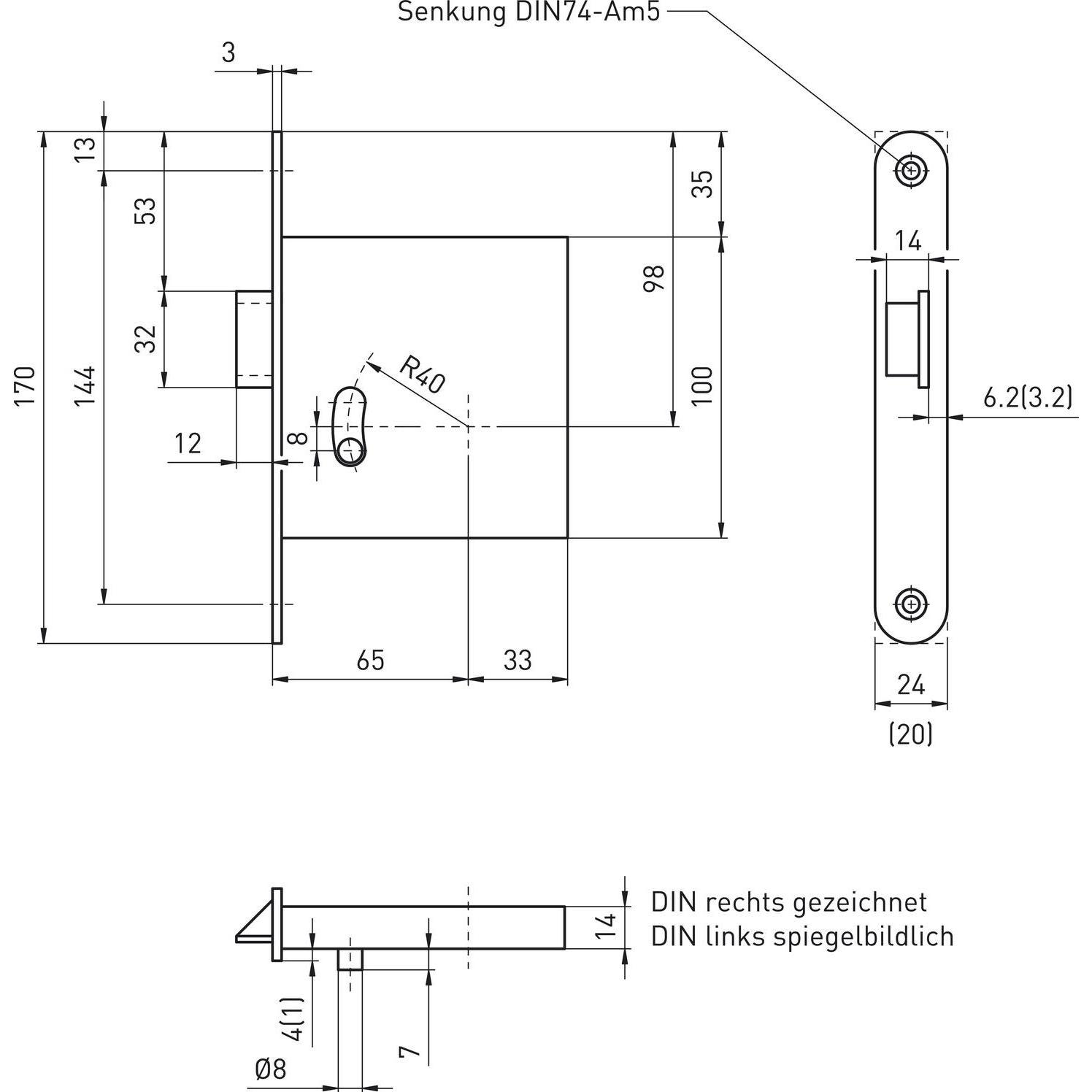 BMH, Türschloss + Schliesszylinder, Zusatzfalle 1030 1-flg. EN 179, Dorn 65, links, Stulp 170 x 24 mm, Edelstahl