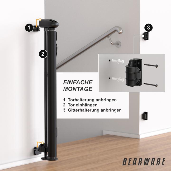 Actual product image Bearware Baby Sicherheitsgitter, Einhandbedienung, geeignet für Treppen, Türen, ausziehbar, 180cm, schwarz