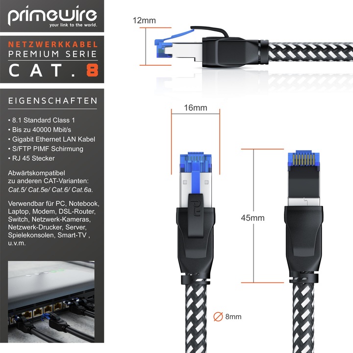 Actual product image Primewire CAT 8 network cable 40 Gbits - cotton jacket - LAN cable patch cable RJ45 - S/FTP PIMF shielding (S/FTP, CAT8.1, 0.25 m)