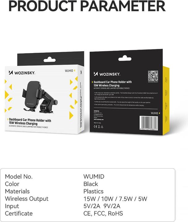 Actual product image Wozinsky WUMID car holder with 15W inductive charger for dashboard - black