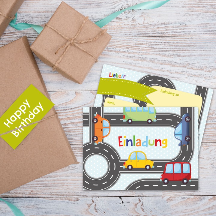 Produktbild Papierdrachen 12 Einladungskarten zum Geburtstag – Autos (12 Stk.)