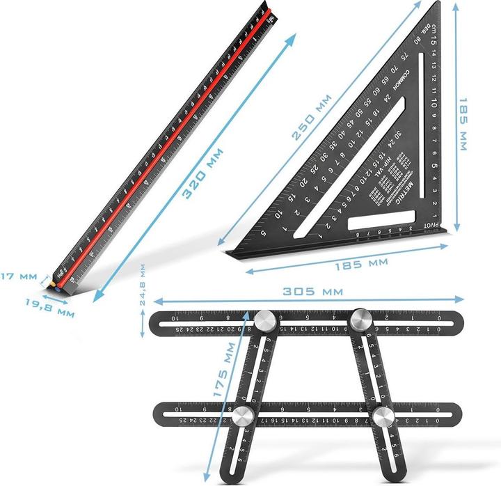 Produktbild Stahlwerk Lineal Set mit Multiwinkel-Messlineal, Dreikant-Lineal, Winkeldreieck (30 cm)