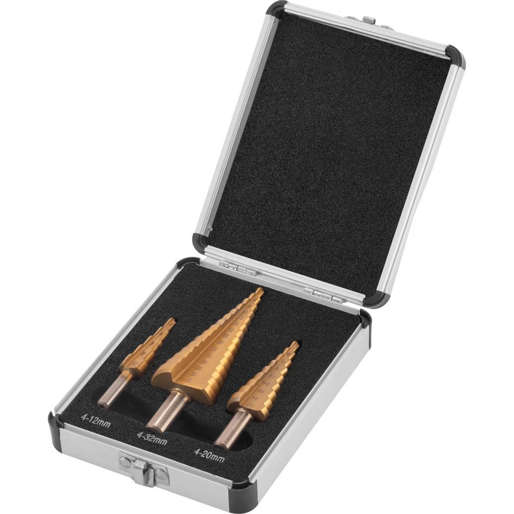 Thumbnail - Stahlwerk, Bohrereinsatz, HSS Stufenbohrer 3er Set TiN-Beschichtung Bohrersatz mit Aluminium-Box (4-12mm, 4-20mm, Ø 4-32...