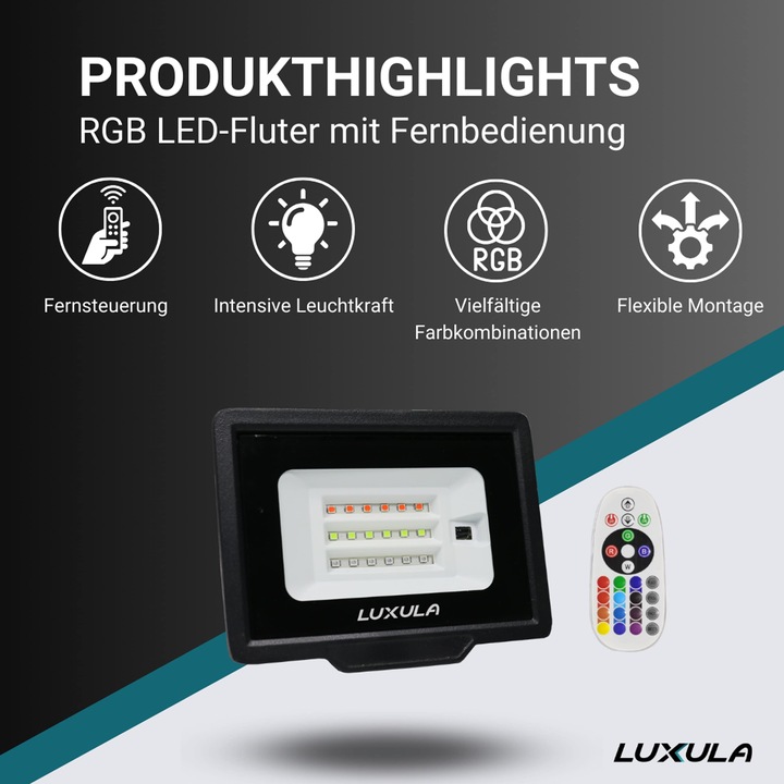 Produktbild Luxula RGB LED-Fluter LX400184, 100W, IP65, schwarz, mit Fernbedienung (IP65)