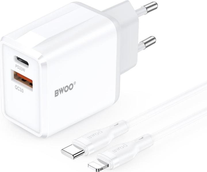 Bwoo wall charger CDA182 QC 38W 1x USB-A + 1x USB-C with USB-C C-Lightning cable 1 m black (38 W, 2 ports)