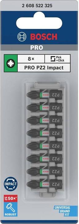 Actual product image Bosch Professional Zubehör PRO Pozidriv Impact Bit, PZ2, 25 mm, 8 pcs. (Cross Pozidriv PZ M2)