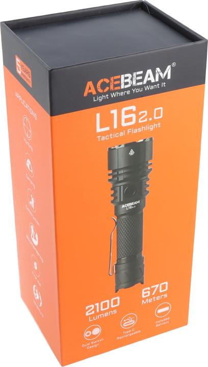 Actual product image AceBeam L16 2.0 – taktische LED-Taschenlampe mit 5.000 K, 2.100 Lumen und 670 m Reichweite (schwarz) (2100 lm)