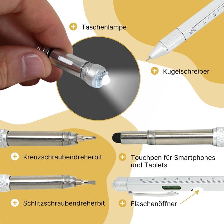 Produktbild Hermex 8in1 Multi-Kugelschreiber Multifunktionsstift Touchpen Wasserwaage Schraubendreher (8 Funktionen)