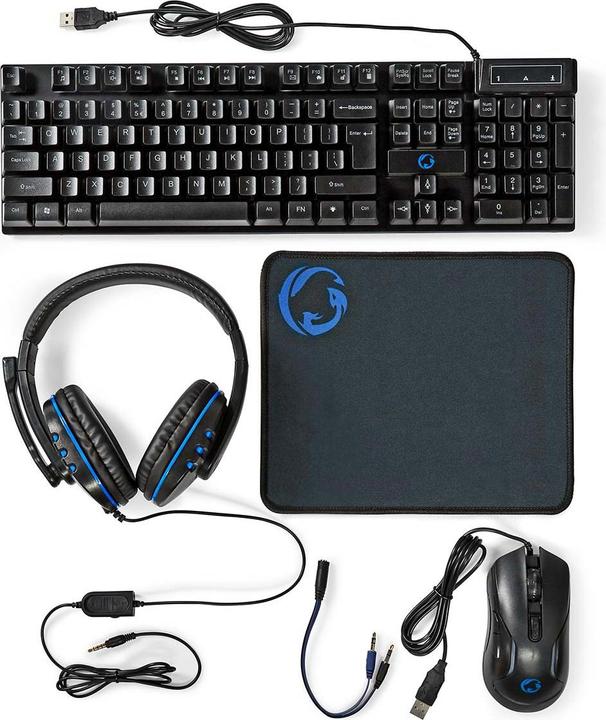 Image du produit Nedis Gaming Combo Kit | 5-en-1 | Clavier, Casque, Souris et Tapis de souris | Noir | QWERTY | US-Layout (ING. Int., Filaire)