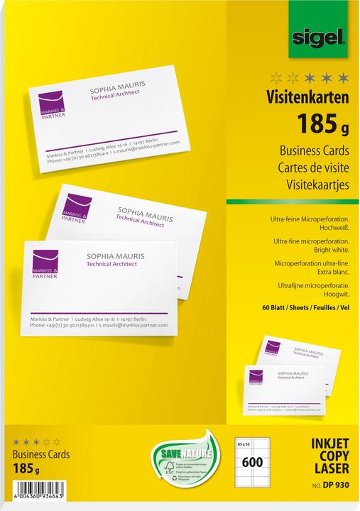 Produktbild Sigel MP Visitenkarten (A4, 600 Blätter, 185 g/m²)