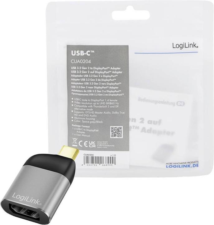 Produktbild LogiLink USB 3.2 Gen2 Type-C-Adapter, USB-C/M zu DP/F, 8K, Alu, schwarz/grau (4 cm)
