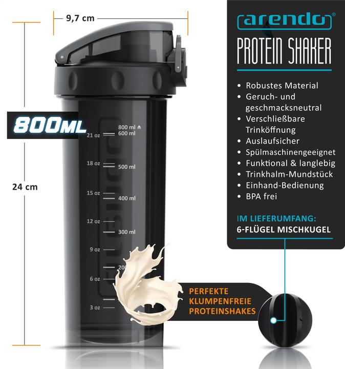 Image du produit Arendo Protein Shaker, Eiweissshaker 800 ml, verschliessbar, spülmaschinengeeignet, BPA-frei, für unterwegs (0.80 l)