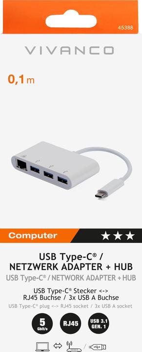 Actual product image Vivanco USB-C adapter (4x RJ45 jack, USB 3.0 jack A (USB-C, 4 ports)