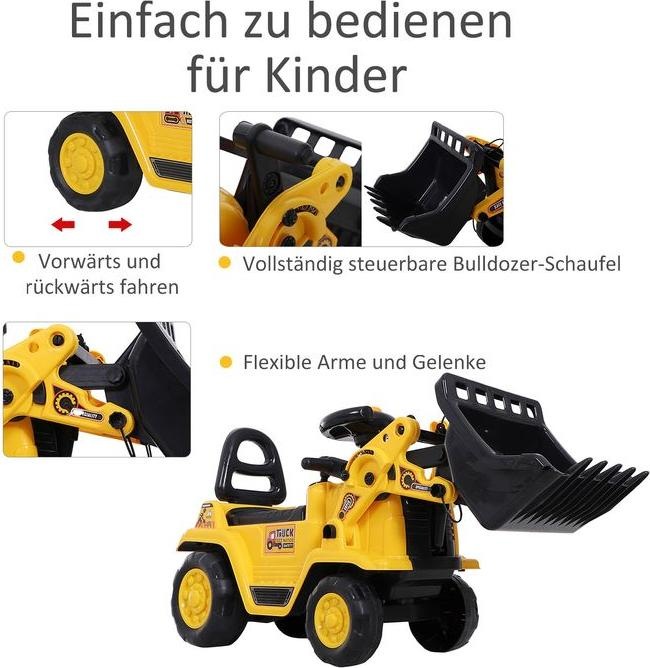 Image du produit Swisshandel24 Pelleteuse pour enfants avec siège et boîte de rangement intégrée Klaxon Roue jaune et noire