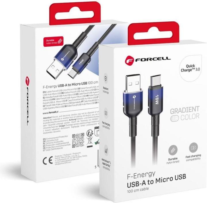 Actual product image Forcell Cable F-ENERGY C351 cable USB A to Micro USB QC3.0 2,4A 18W Gradient 1 m black (USB 3.0, 18 W)