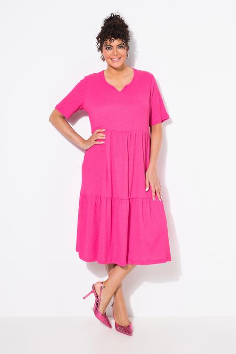 Actual product image Ulla Popken Tiered Flounce Panel Short Sleeve Split Neck Dress (46, 48)