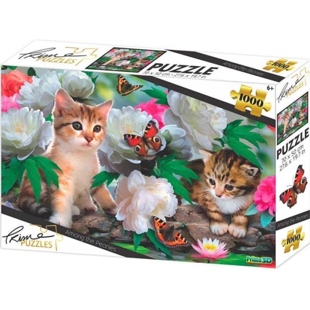 Prime 3D Puzzle Kätzchen unter Pfingstrosen 1000 Teile