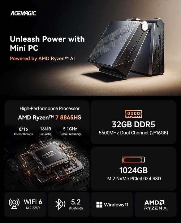 Produktbild AceMagic Mini PC Gaming mit AMD Ryzen (AMD Ryzen 7 8845HS, 40 GB, 125 GB)