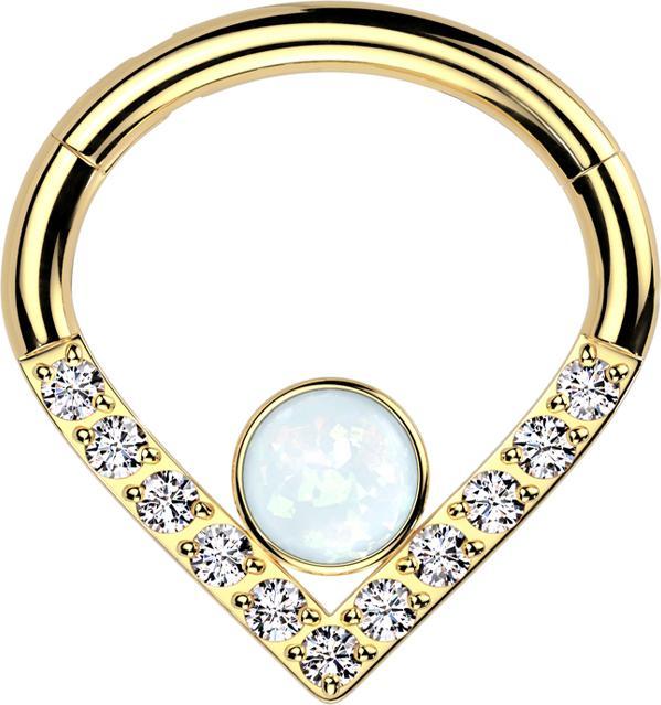 Image du produit Star Piercing Micro Segmentring klappbar Winkel vergoldet Kristalle silber grosser Opal weiss (sans laiton, Titane)