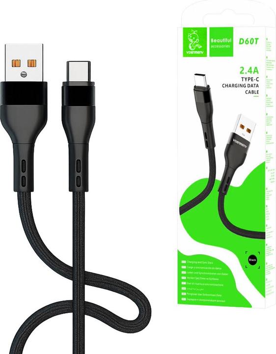 Image du produit DENMEN SCHWARZES GEFLOCHTENES USB-TYPE-C-KABEL TYPE-C 2,4 A 60 W QC3.0 D60T-B (1 m, 60 W)