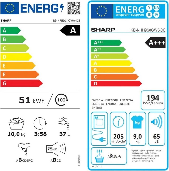 Label énergétique Sharp 9/10 kg Tour de lavage (9 kg, Gauche)