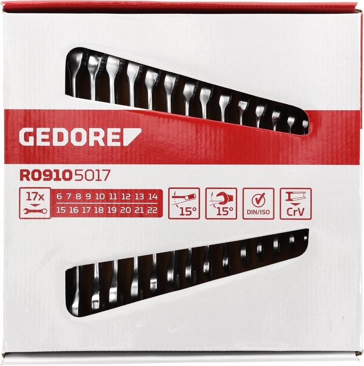 Actual product image Gedore Red red Combination spanner set, 17-piece, SW 6-22, chrome vanadium steel, silver (8 mm, 19 mm, 7 mm, 20 mm, 22 mm, 11 mm, 15 mm, 13 mm, 17 mm, 21 mm, 6 mm, 16 mm, 18 mm, 12 mm, 14 mm, 9 mm, 10 mm)