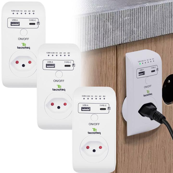 Produktbild Tecnoteq Steckdose mit 2x USB-Ladeport, 3.1 A, Timer, Überspannungsschutz, Swiss-Edition, 3er-Set