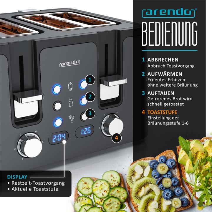 Produktbild Arendo Toaster 4 Scheiben Kurzschlitz, Edelstahl, Wärmeisolierendes Doppelwandgehäuse, Automatik, 1750 W