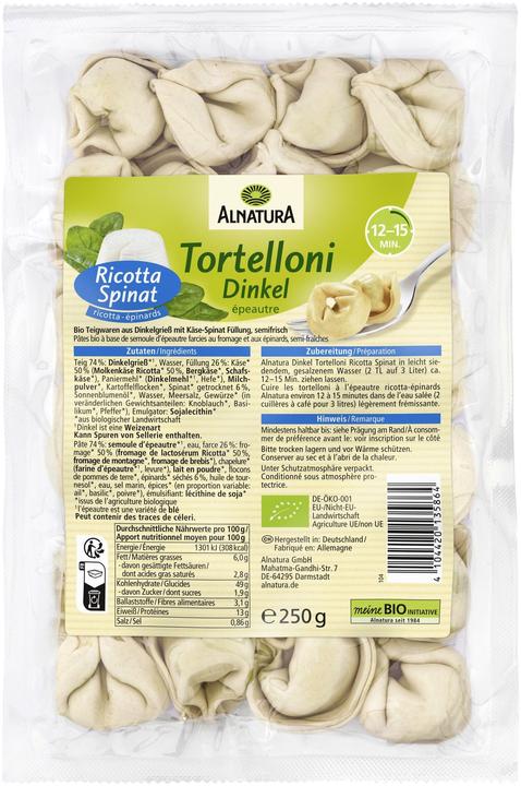 Actual product image Alnatura Bio Dinkel Tortelloni Ricotta 250g (250 g)