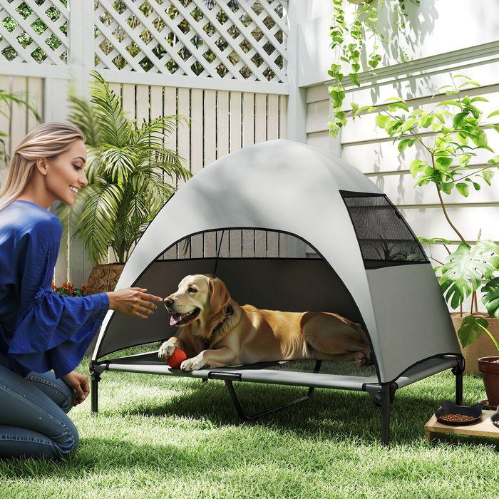 Produktbild Swisshandel24 Hundeliege Outdoor mit Dach, Erhöhtes Hundebett für Grosse Hunde, 106 x 76 x 99 cm, Hellgrau (Hund)