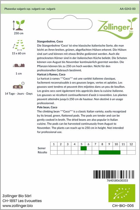 Produktbild Zollinger Bio Stangenbohne, Coco