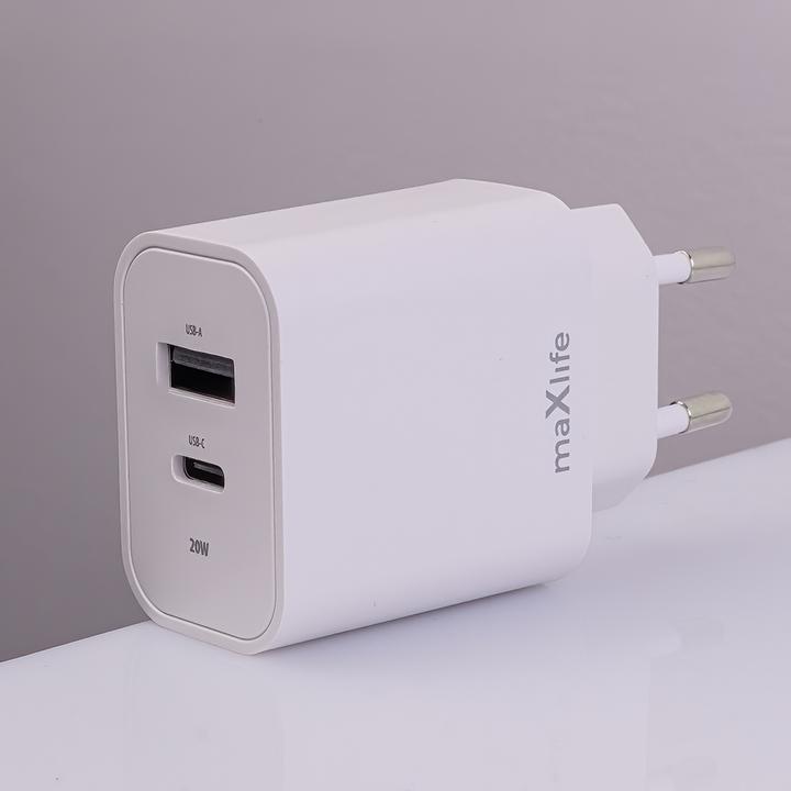 Produktbild Maxlife MXTC-06 PD QC Ladegerät 1x USB-C 1x USB 20W weiss + USB-C - USB-C Kabel 20W (20 W, 2 Ports)