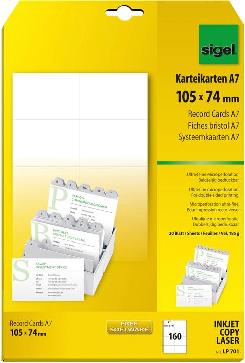 Sigel Schede di indice (A7, 185 g/m², 20 x)