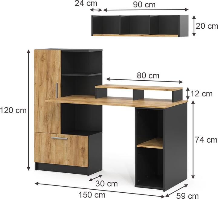 Produktbild Vicco Schreibtisch Tomy, Anthrazit/Goldkraft Eiche, 150 x 59 cm 4er Set