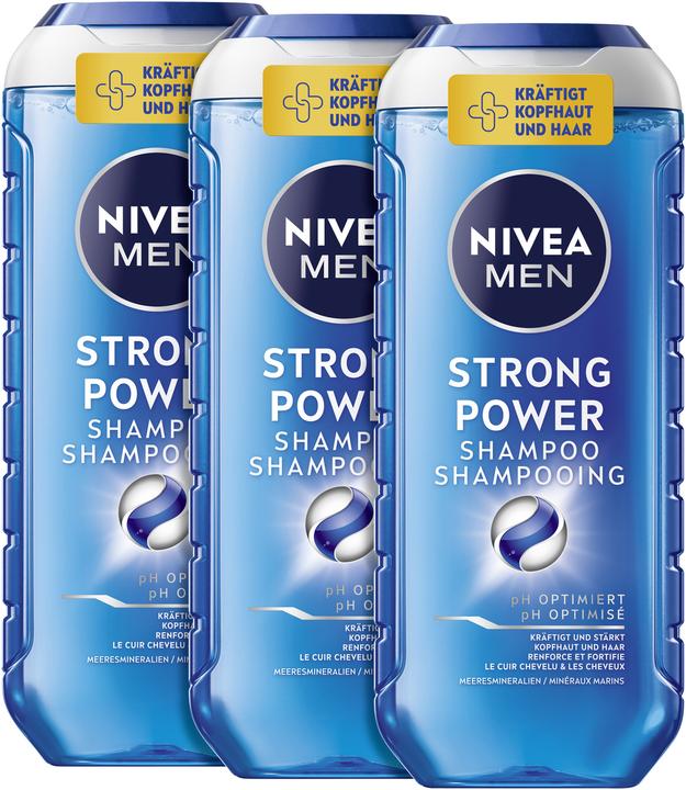 Produktbild NIVEA MEN Strong Power pH-Optimal Shampoo Trio (750 ml, Flüssiges Shampoo)