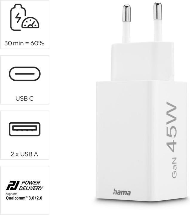 Actual product image Hama Fast charger, GaN, 1x USB-C PD, 2x USB-A QC, mini charger, 45 W, white (45 W, 3 ports)