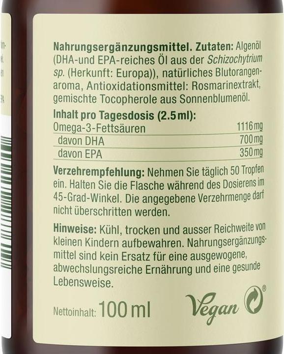 Valeurs nutritives et ingrédients Effective Nature Huile d'algues oméga-3 végétalienne (1 pièce(s), Liquide)