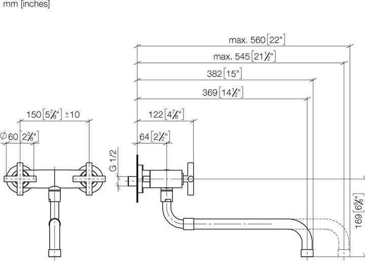 Actual product image Dornbracht Kitchen - Tara wall-mounted bridge mixer with pull-out spout, projection 365-545 mm
