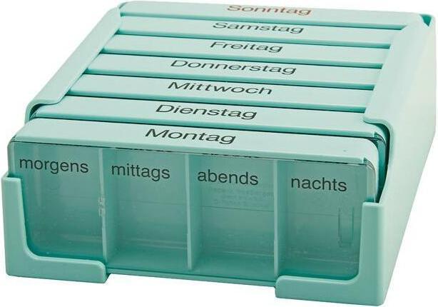 Actual product image Sahag Medi-7 Medication dispenser 7 days 4 compartments Per day turquoise german