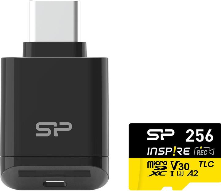 Actual product image Silicon Power MicroSDXC Card Inspire Class 10 A2 V30 with Type-C Reader (256 GB, microSDXC)